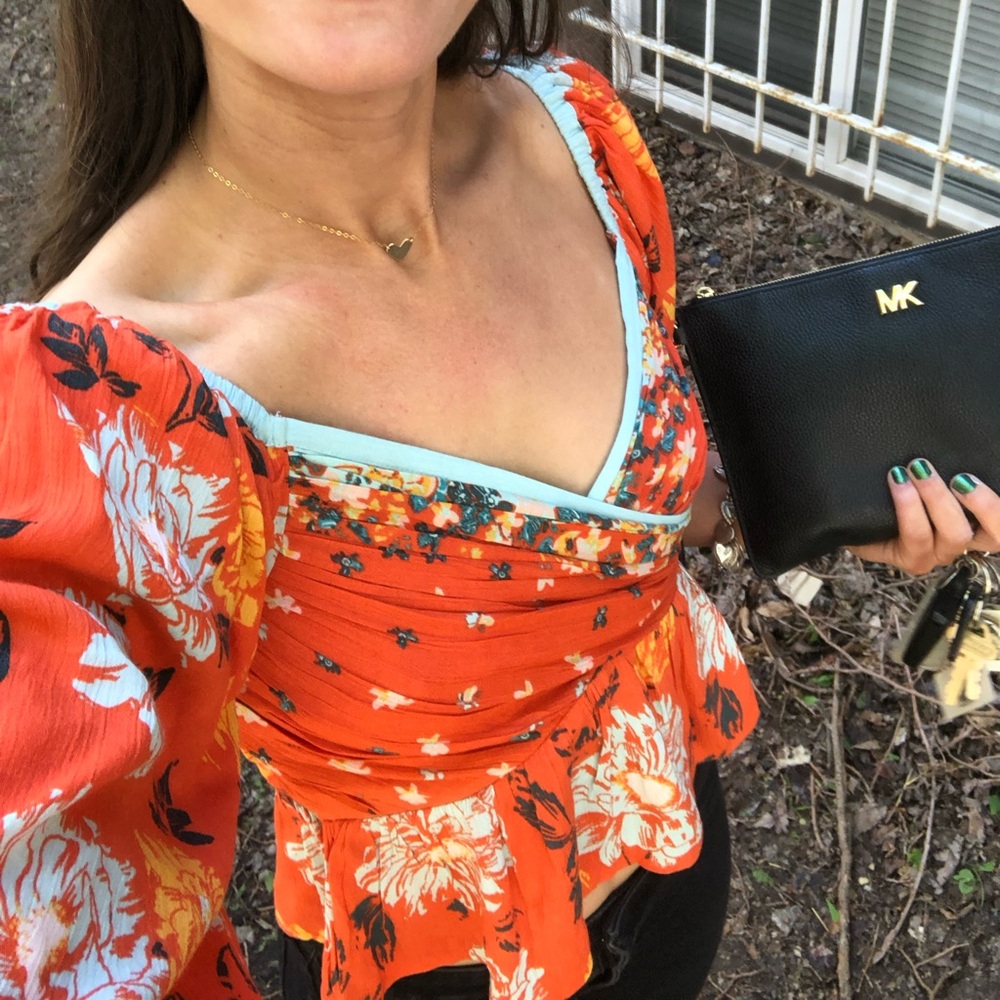 Free People Floral Mirabelle A-Line Top Orange XS